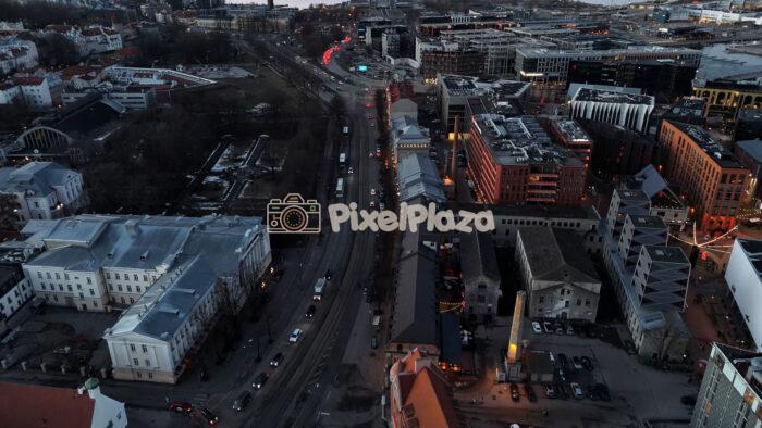 Aerial Drone View of Mere Boulevard Traffic and Cityscape in Tallinn, Estonia at Dusk
