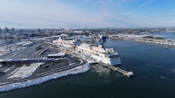 Aerial Drone View of Tallinn Port with Ferries and Old Town Skyline in Winter, Estonia