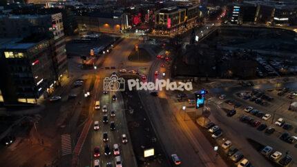 Aerial Night Traffic at Urban Intersection in Tallinn, Estonia