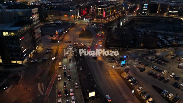 Aerial Night Traffic at Urban Intersection in Tallinn, Estonia