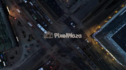 Aerial Top-Down View of Busy Urban Intersection in Tallinn, Estonia at Night