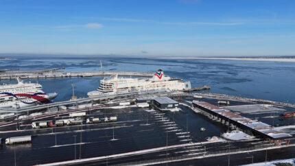 Tallinn Port Aerial Drone View - Winter Maritime Harbor and Ferry Terminal, Estonia
