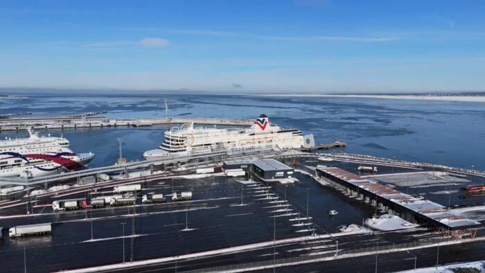 Tallinn Port Aerial Drone View - Winter Maritime Harbor and Ferry Terminal, Estonia
