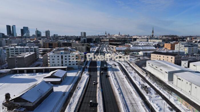 Winter Aerial View of Tallinn Cityscape and Urban Highway, Estonia