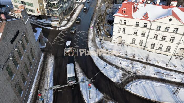 Winter Aerial View of Traffic Intersection in Tallinn, Estonia