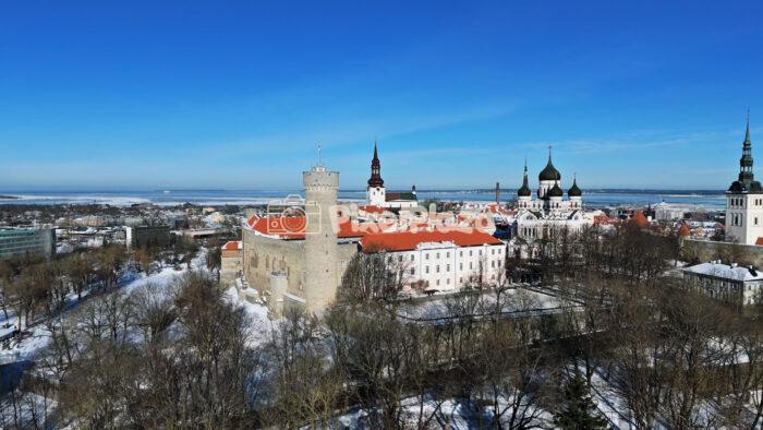 Winter Aerial of Tallinn Old Town Skyline with Toompea Castle, Estonia