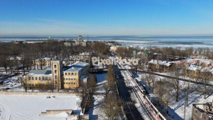 Winter of Kopli District, Tallinn Estonia - Tram Line and Baltic Sea Coast Drone View