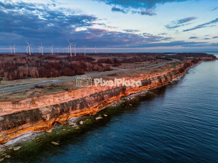 Aerial Drone View of Pakri Limestone Cliffs and Wind Farm in Estonia Aerial Drone View of Pakri Limestone Cliffs and Wind Farm in Estonia