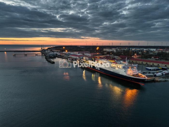 Drone View of DFDS Ferry and Industrial Port at Sunset in Paldiski Estonia Drone View of DFDS Ferry and Industrial Port at Sunset in Paldiski Estonia