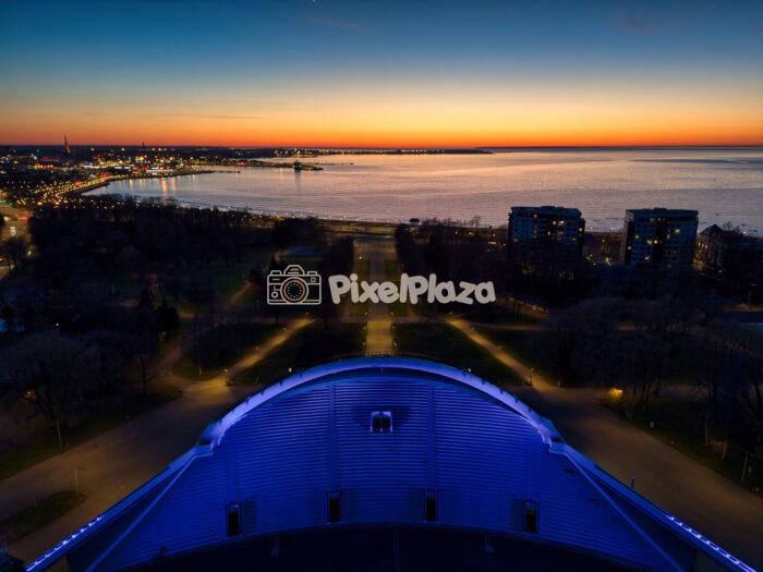 Drone View of Tallinn Song Festival Grounds Stage at Sunset Overlooking Baltic Sea