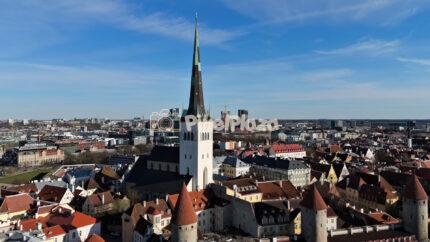 Tallinn Old Town Skyline with St Olaf Church Aerial Drone View