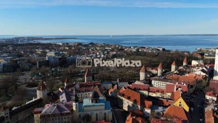 Tallinn Old Town Towers and Baltic Sea Coast Aerial Drone View