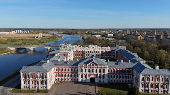 Aerial Drone View of Jelgava Palace and Lielupe River in Latvia