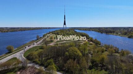 Aerial Drone View of Riga TV Tower and Daugava River Latvia