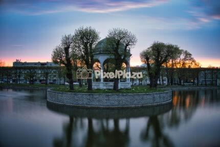 Beautiful Kadriorg Swan Pond Pavilion at sunset in Tallinn Estonia