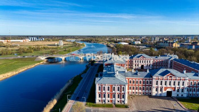Drone View of Jelgava Palace and Lielupe River in Latvia Landscape - Image 1