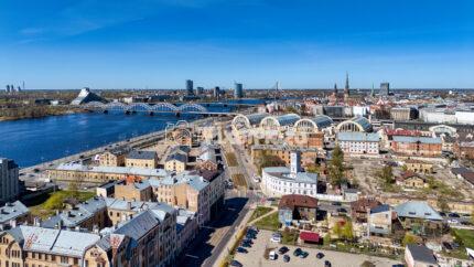 Drone View of Riga Skyline and Central Market over Daugava River Latvia