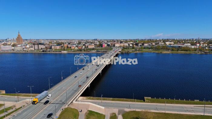 Drone View of Salu Bridge and Daugava River in Riga Latvia