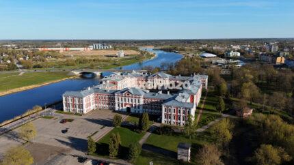 Jelgava Palace Drone View Over Lielupe River Latvia