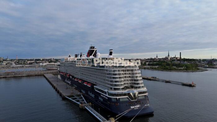 Luxury Cruise Ship at Tallinn Cruise Terminal Aerial Drone View