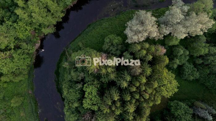 Aerial View of Forest Island and Winding River in Summer Nature