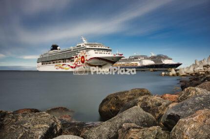 Cruise ships docked at Tallinn Cruise Terminal Estonia long exposure