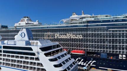 Drone 4K Video of Cruise Ships at Tallinn Cruise Terminal on a Sunny Summer Day