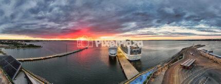 Drone panorama of cruise ships at Tallinn Cruise Terminal at sunset
