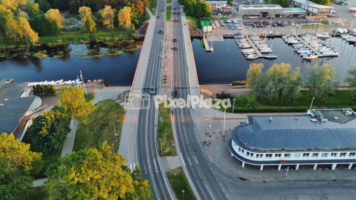Tallinn Pirita Bridge Aerial View Over Marina and River at Sunset