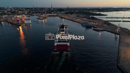 Tallinn Port Sunset Ferry Departure Aerial Drone 4K Video