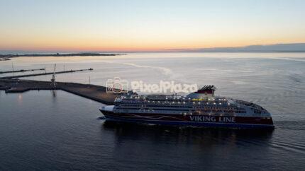 Tallinn Port Viking Line Ferry Departing at Sunset Aerial Drone 4K Video