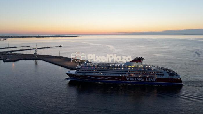 Tallinn Port Viking Line Ferry Departing at Sunset Aerial Drone 4K Video