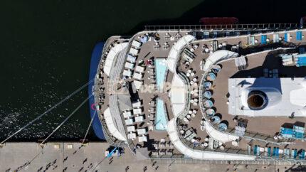 4K Drone Flight Above Tallinn Cruise Terminal and Luxury Cruise Ship