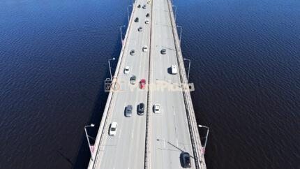 Aerial Top Down View of Cars Driving Over Island Bridge in Riga Latvia - 4k Drone Video