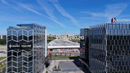 Modern Glass Office Buildings in Business District Aerial View