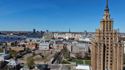 Riga City Skyline with Academy of Sciences Building in Latvia - 4k Drone Video