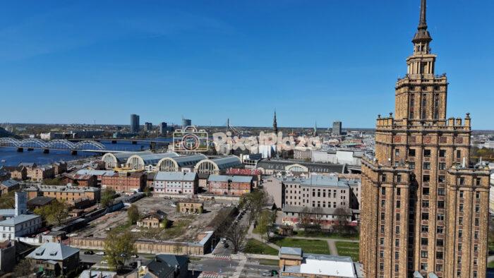 Riga City Skyline with Academy of Sciences Building in Latvia - 4k Drone Video