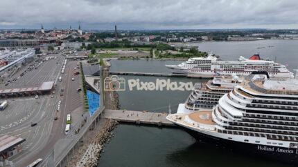 Aerial Drone Footage of Cruise Ships Docked at City Harbor
