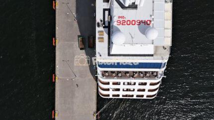 Aerial Top Down Video Of Cruise Ship Docked At Pier