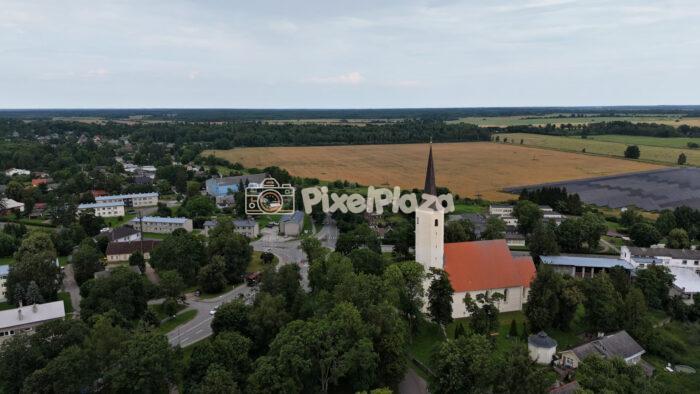 Aerial Video Flying Past Historic Rural Church and Countryside