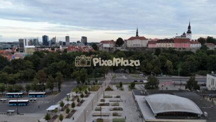 Aerial View Pan Over City Square and Historic Old Town