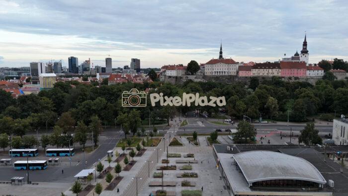Aerial View Pan Over City Square and Historic Old Town