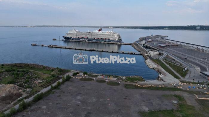 Drone View of Large Docked Cruise Ship in Port