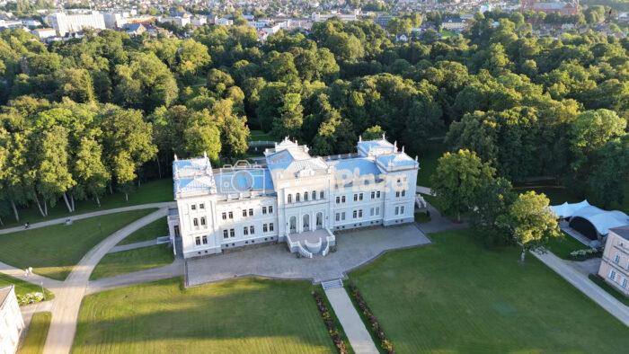 Aerial Drone Flight Over Grand Historic Palace and Lush Park