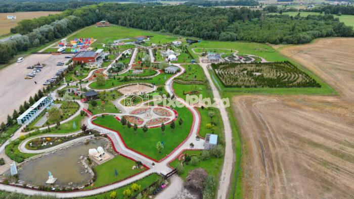 Aerial Drone Panorama of Landscaped Park with Flower Gardens