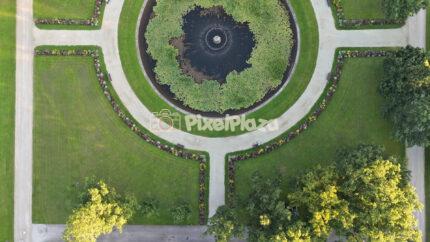 Aerial Top Down View of Symmetrical Garden Fountain Park